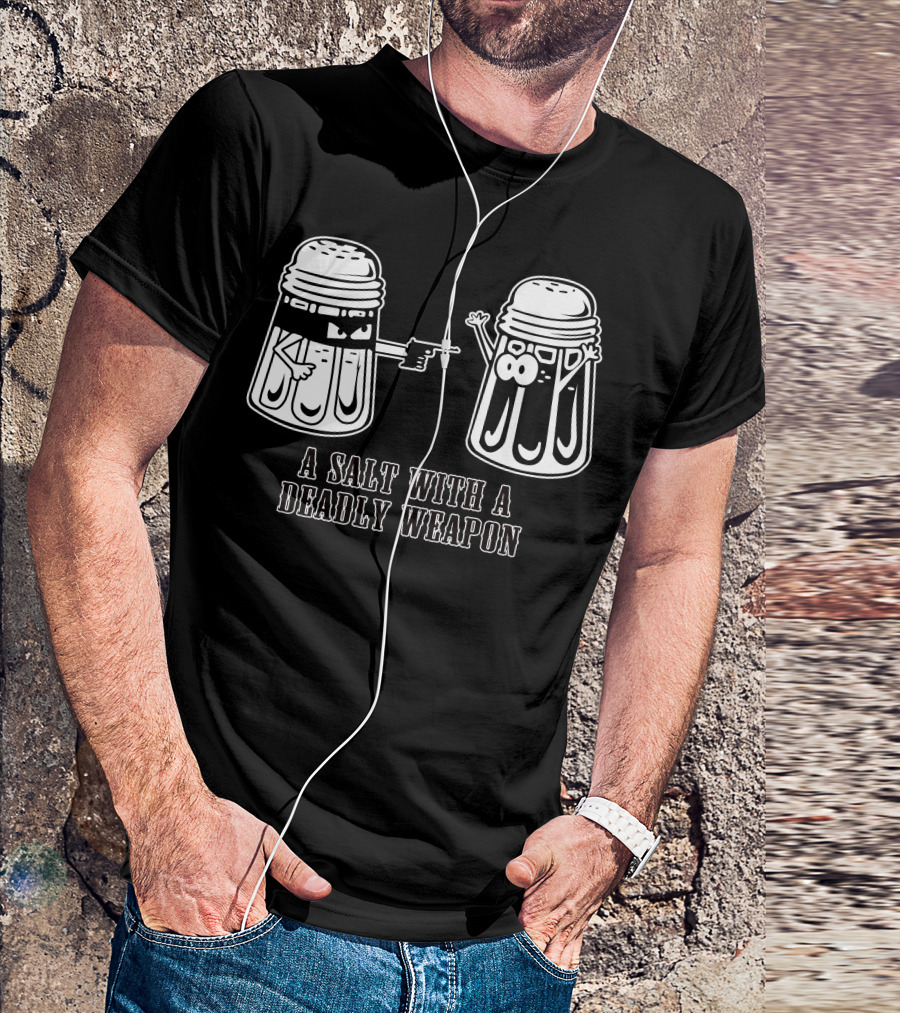 A Salt With A Deadly Weapon: Cartoon Salt Shakers And Gun T-Shirt