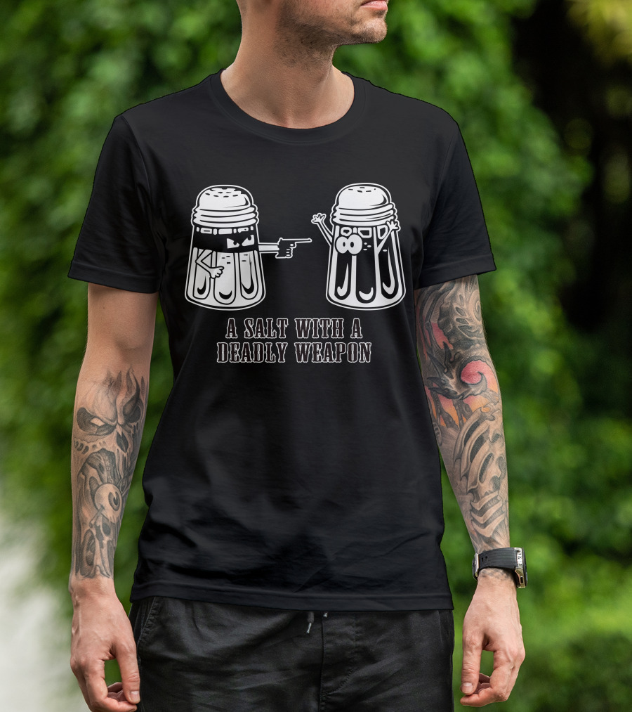 A Salt With A Deadly Weapon: Cartoon Salt Shakers And Gun T-Shirt