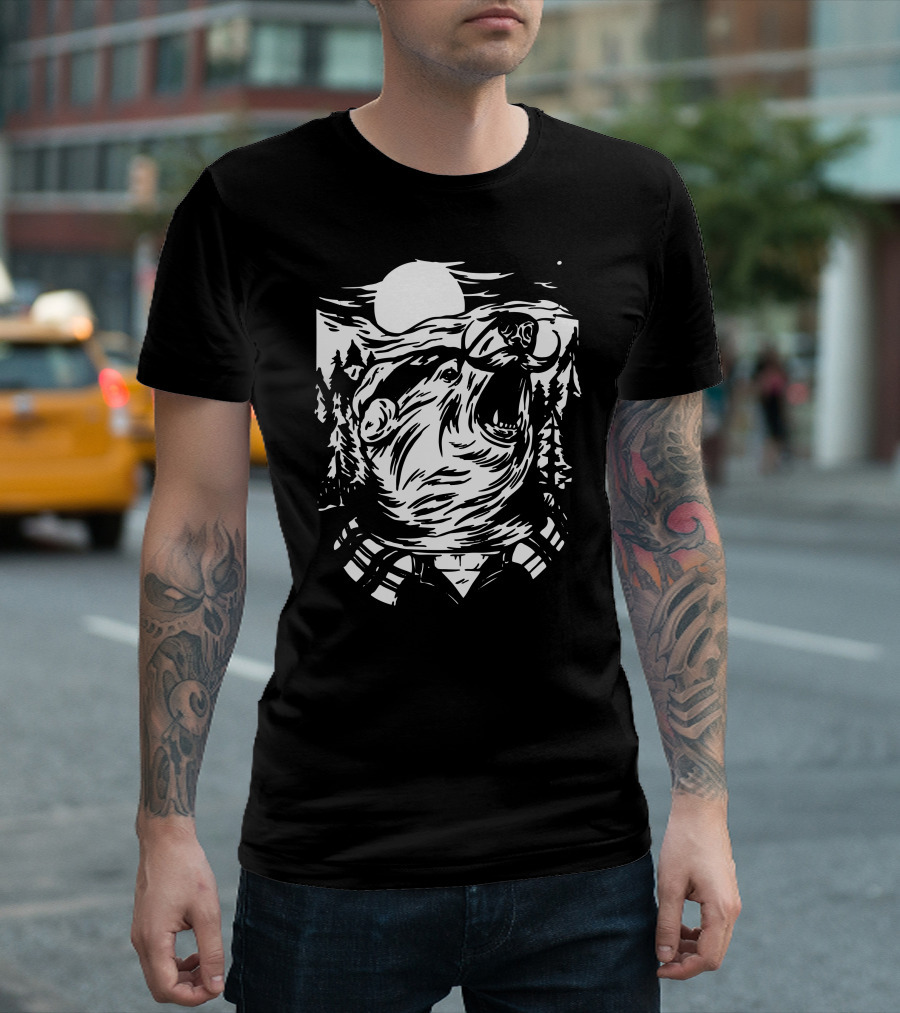 Bear Lumber Jack Forest Moon Mountains T-Shirt
