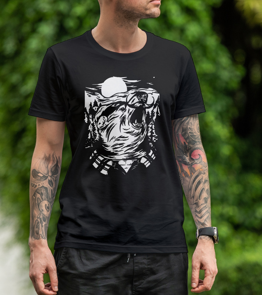 Bear Lumber Jack Forest Moon Mountains T-Shirt