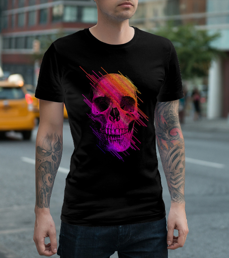 Colorful Skull Vibrant Neon Striped Halftone Effect T-Shirt