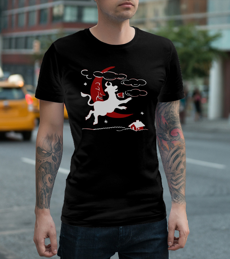 Cow Leaping Over Crescent Moon with Clouds and Cottage Scene T-Shirt
