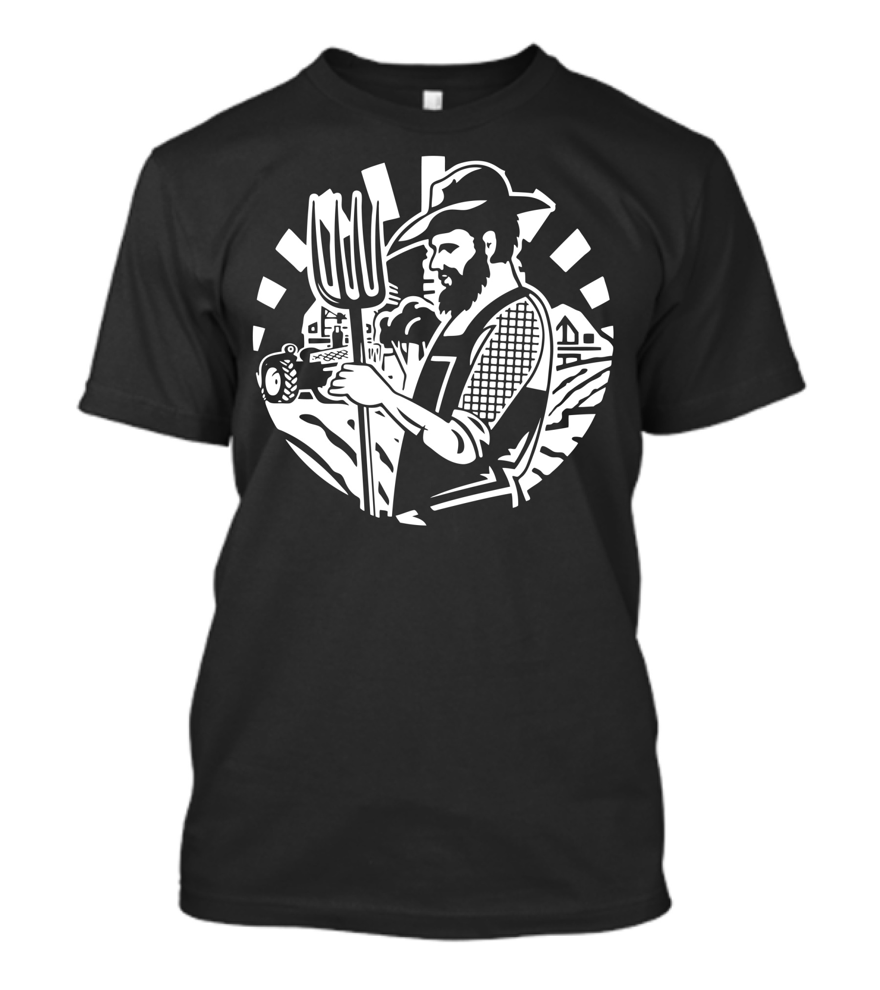 Farmer Holding Pitchfork In Front Of Tractor And Barn With Rural Landscape T-Shirt