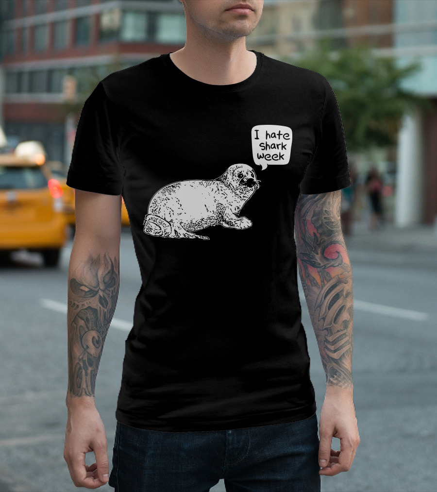 I Hate Shark Week Seal Sketch With Speech Bubble T-Shirt