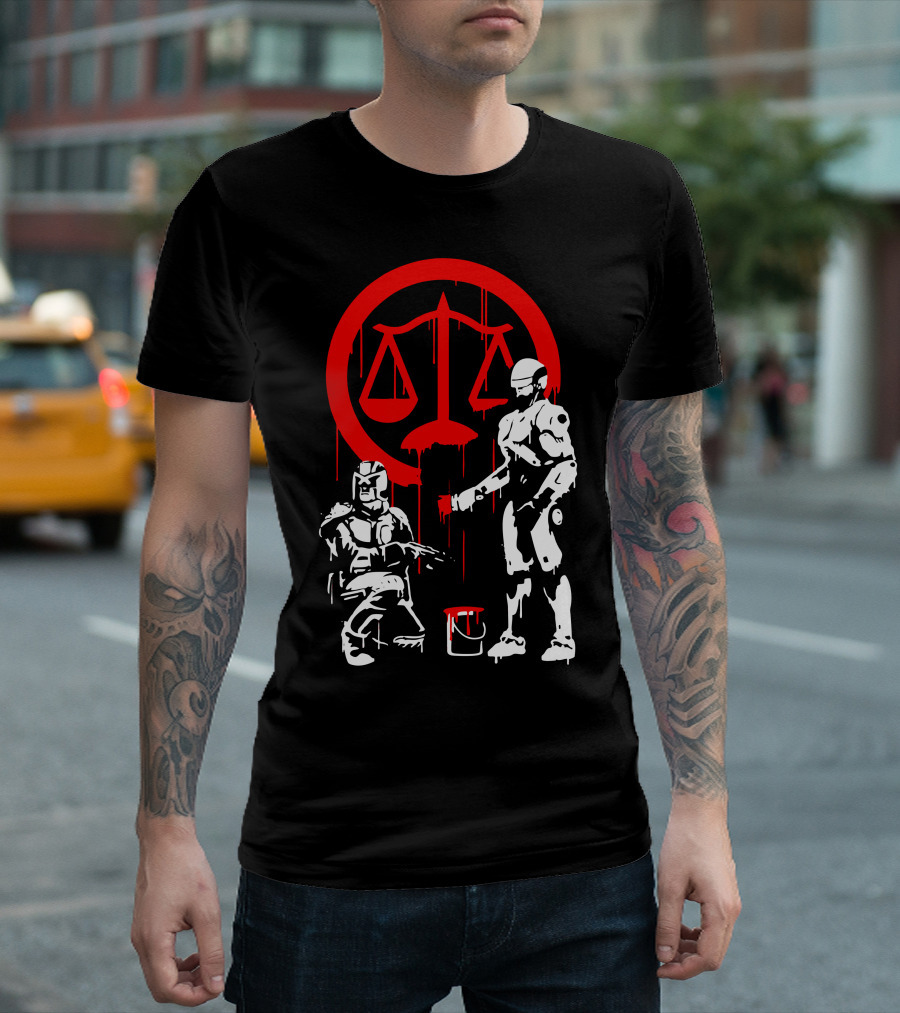 Robotic Justice Meets Dystopian Law Enforcement Scales Icon in Red Dripping Paint T-Shirt