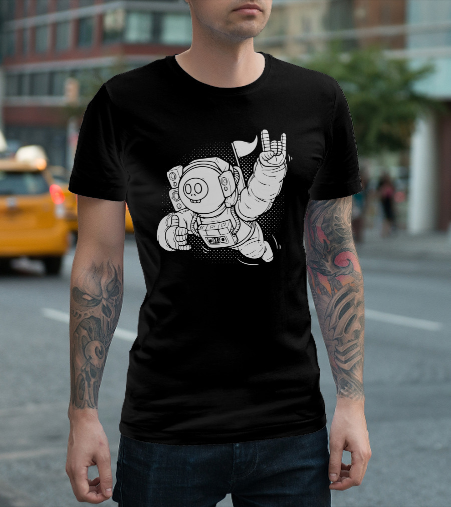 Lost Space Astronaut with Cassette and Hand Sign T-Shirt