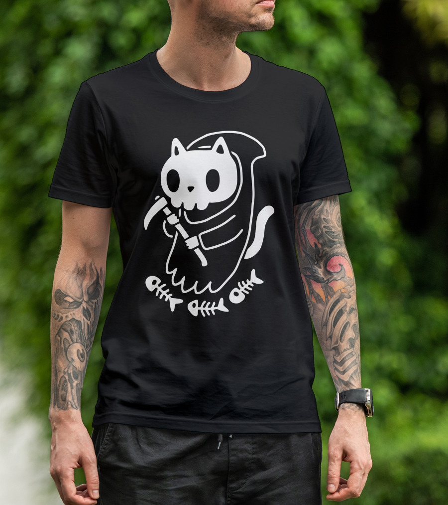 Reaper Cat Skeleton Fish Bones Grim Kitty T-Shirt