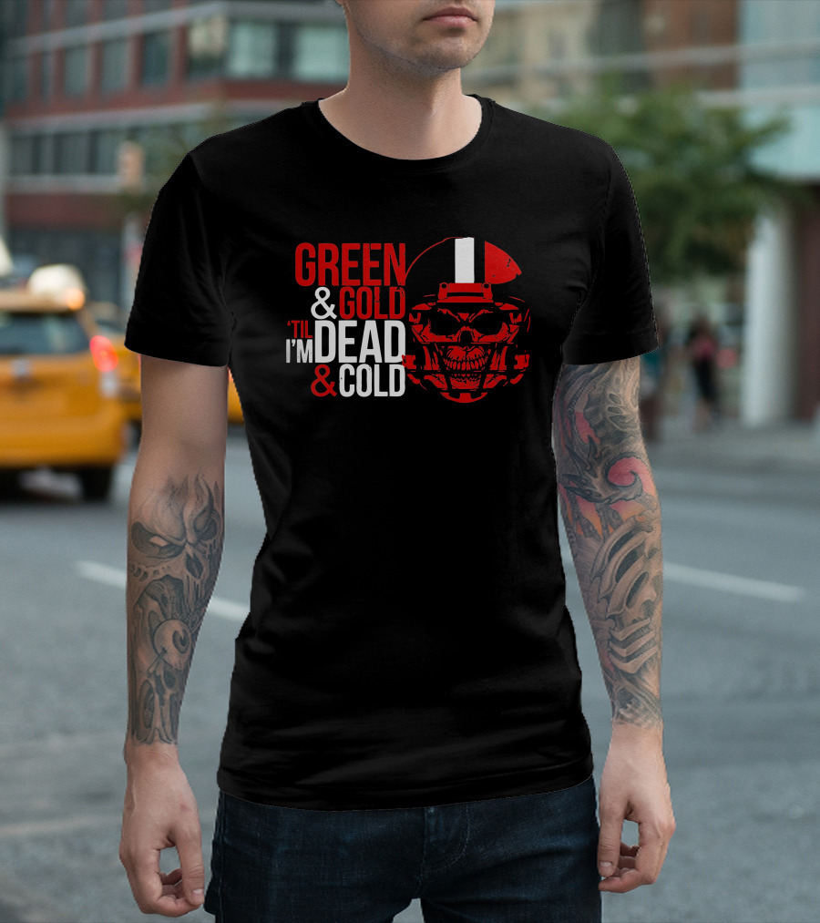 Green and Gold 'Til I'm Dead and Cold Skull Helmet T-Shirt