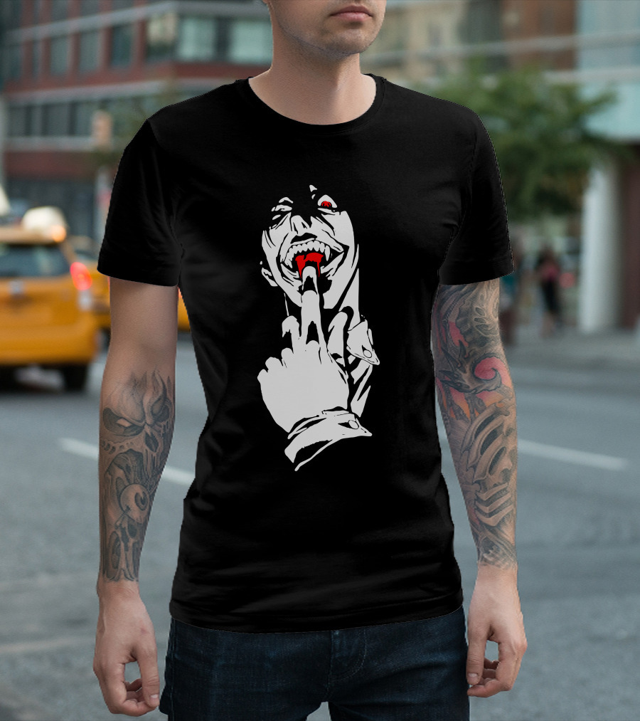 Warrior Vampire Finger Gesture Red Fangs Dark Humor T-Shirt