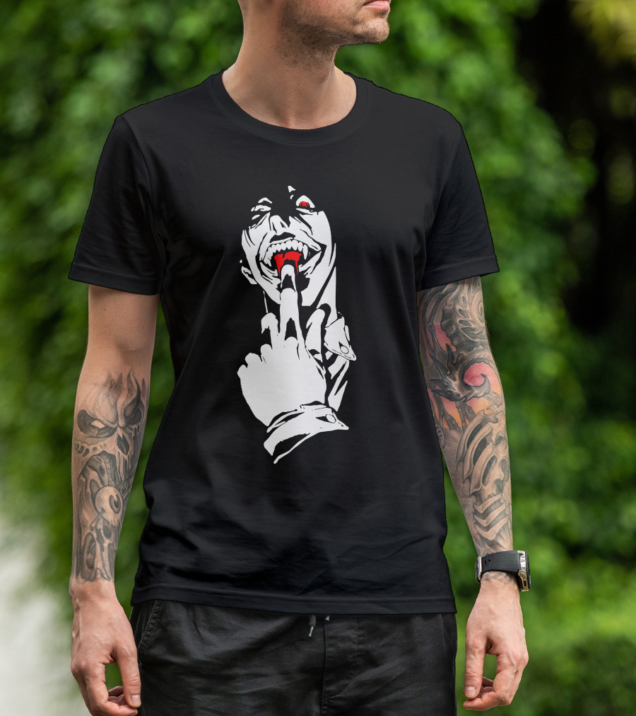 Warrior Vampire Finger Gesture Red Fangs Dark Humor T-Shirt