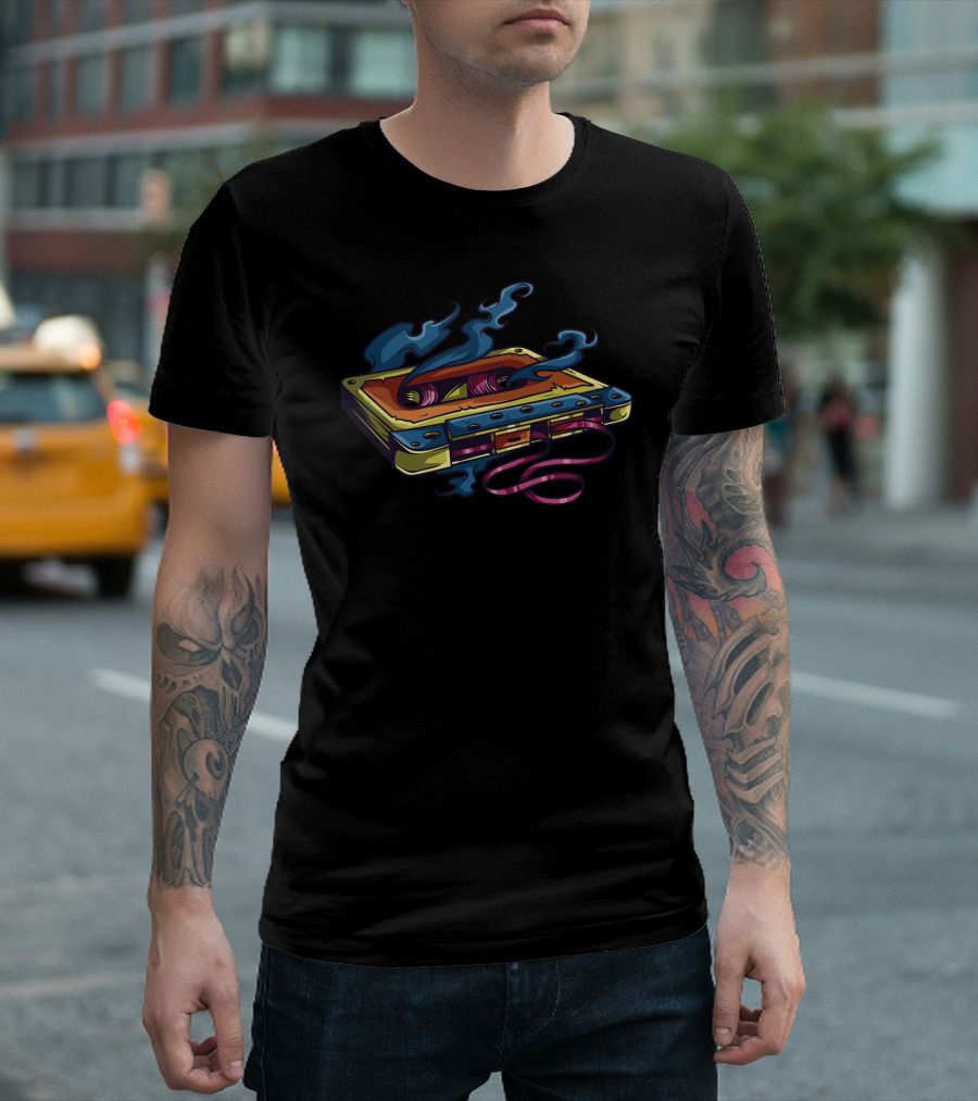 Cassette Tape With Colorful Smoke And Unraveled T-Shirt