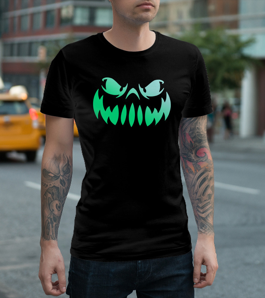 Glowing Green Grinning Halloween Monster Face T-Shirt