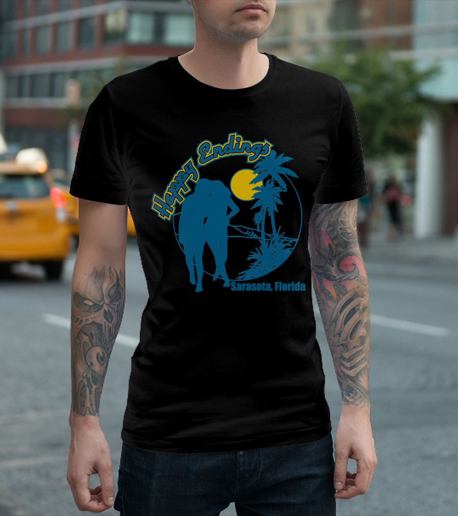 Happy Endings Sarasota Florida Silhouette With Palm Trees And Moon T-Shirt