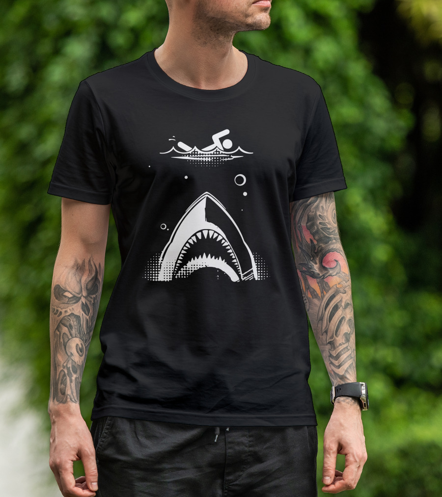 Swimming Icon Above Shark Mouth Confrontation T-Shirt