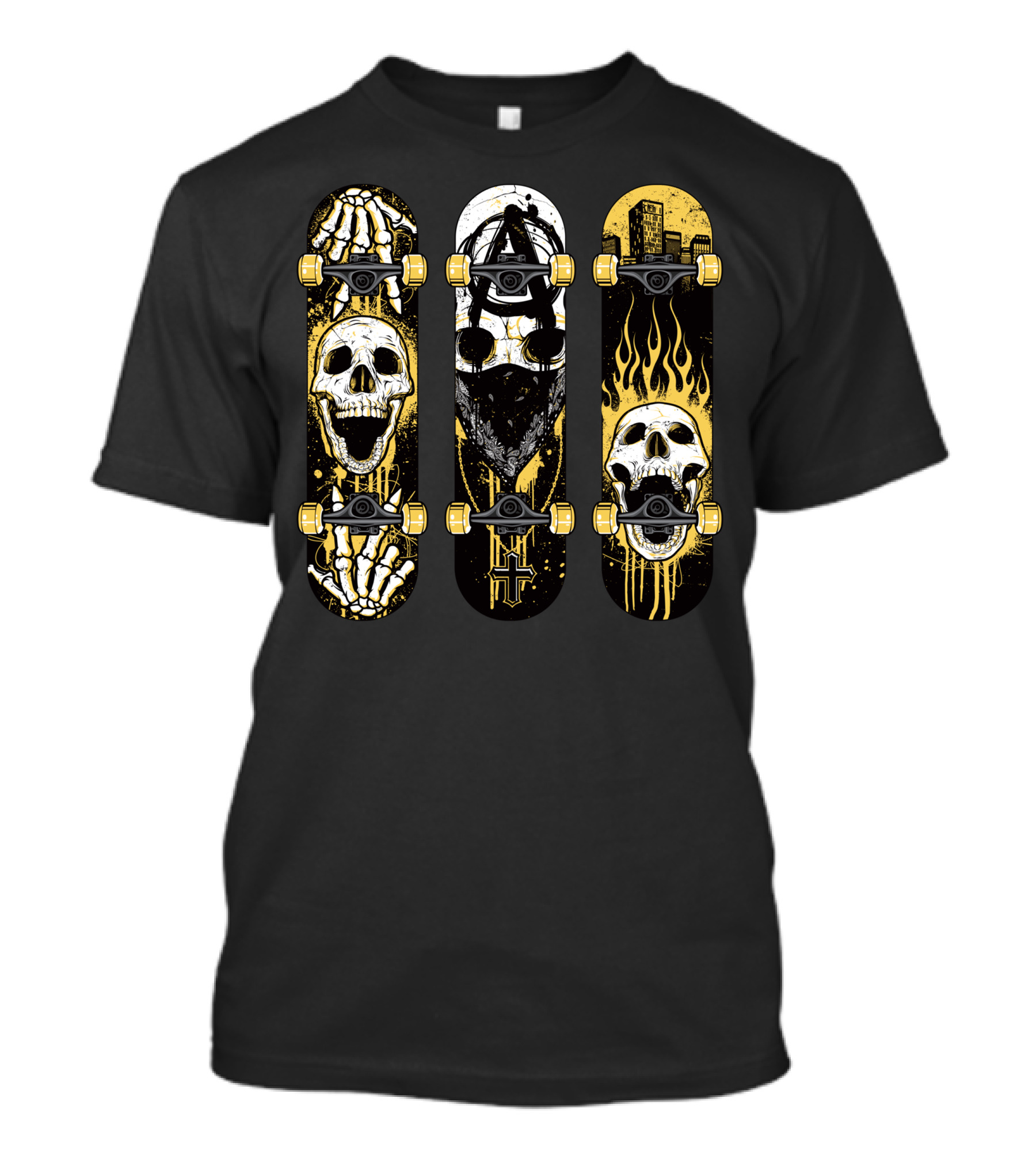 Skull Skeleton Trio With Flames Skateboard T-Shirt