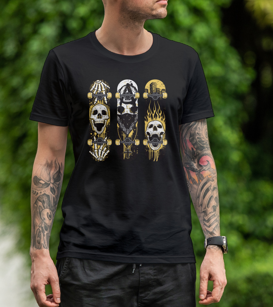 Skull Skeleton Trio With Flames Skateboard T-Shirt