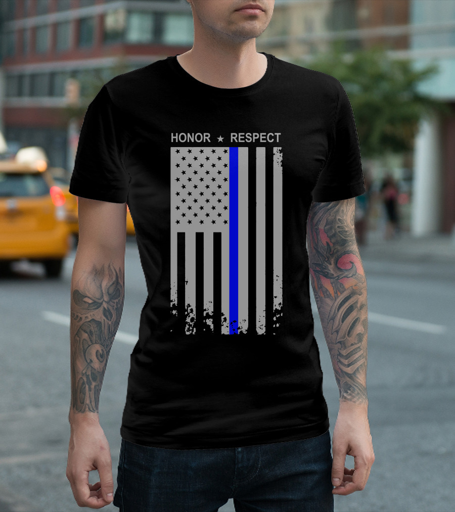 Honor Respect Thin Blue Line American Flag T-Shirt