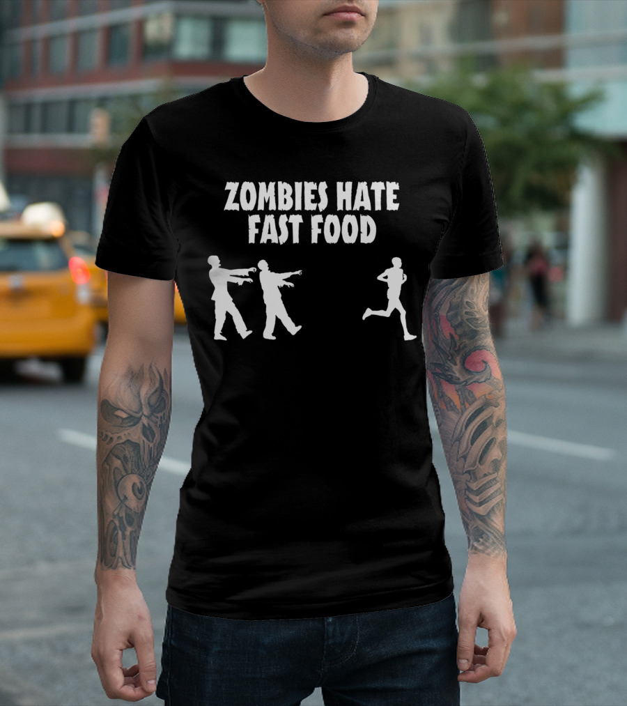 Zombies Hate Fast Food Silhouette Running Chase T-Shirt