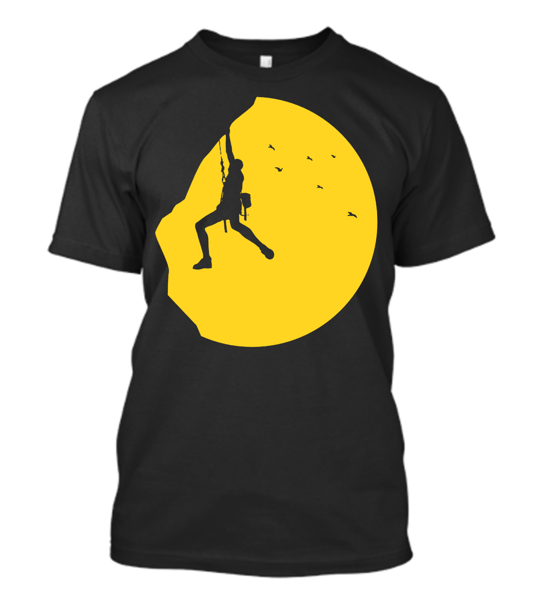 Adrenaline Addict Rock Climbing Silhouette Against Yellow Sun With Birds T-Shirt