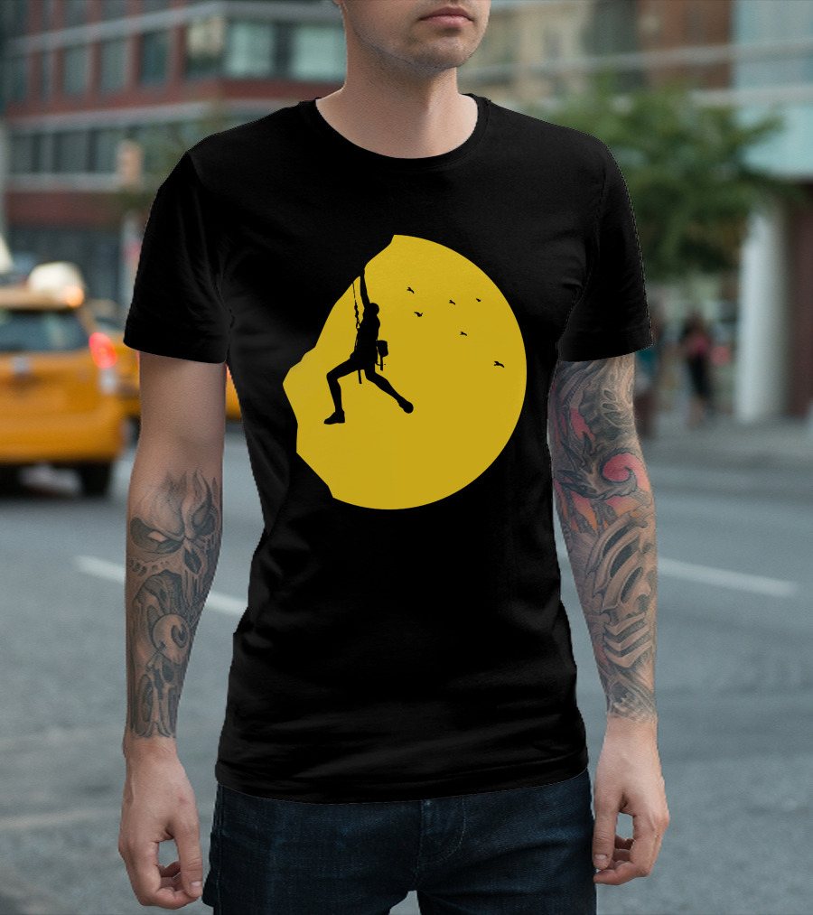 Adrenaline Addict Rock Climbing Silhouette Against Yellow Sun With Birds T-Shirt