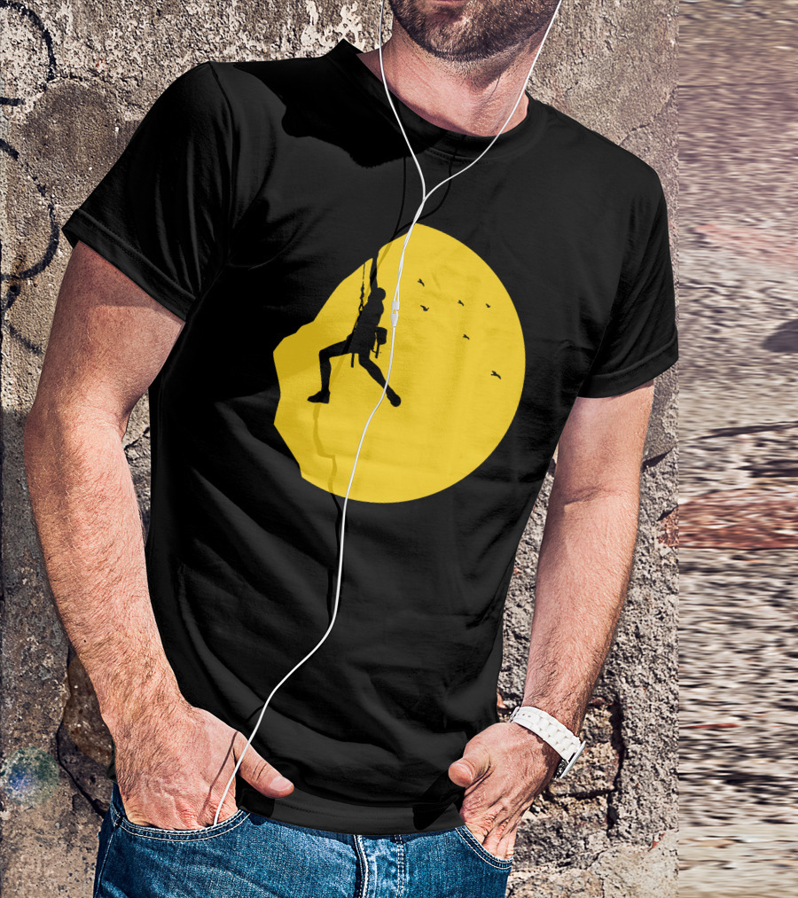 Adrenaline Addict Rock Climbing Silhouette Against Yellow Sun With Birds T-Shirt