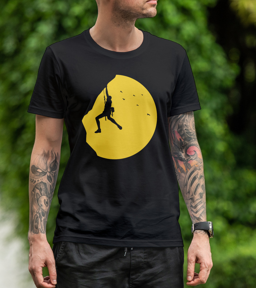 Adrenaline Addict Rock Climbing Silhouette Against Yellow Sun With Birds T-Shirt
