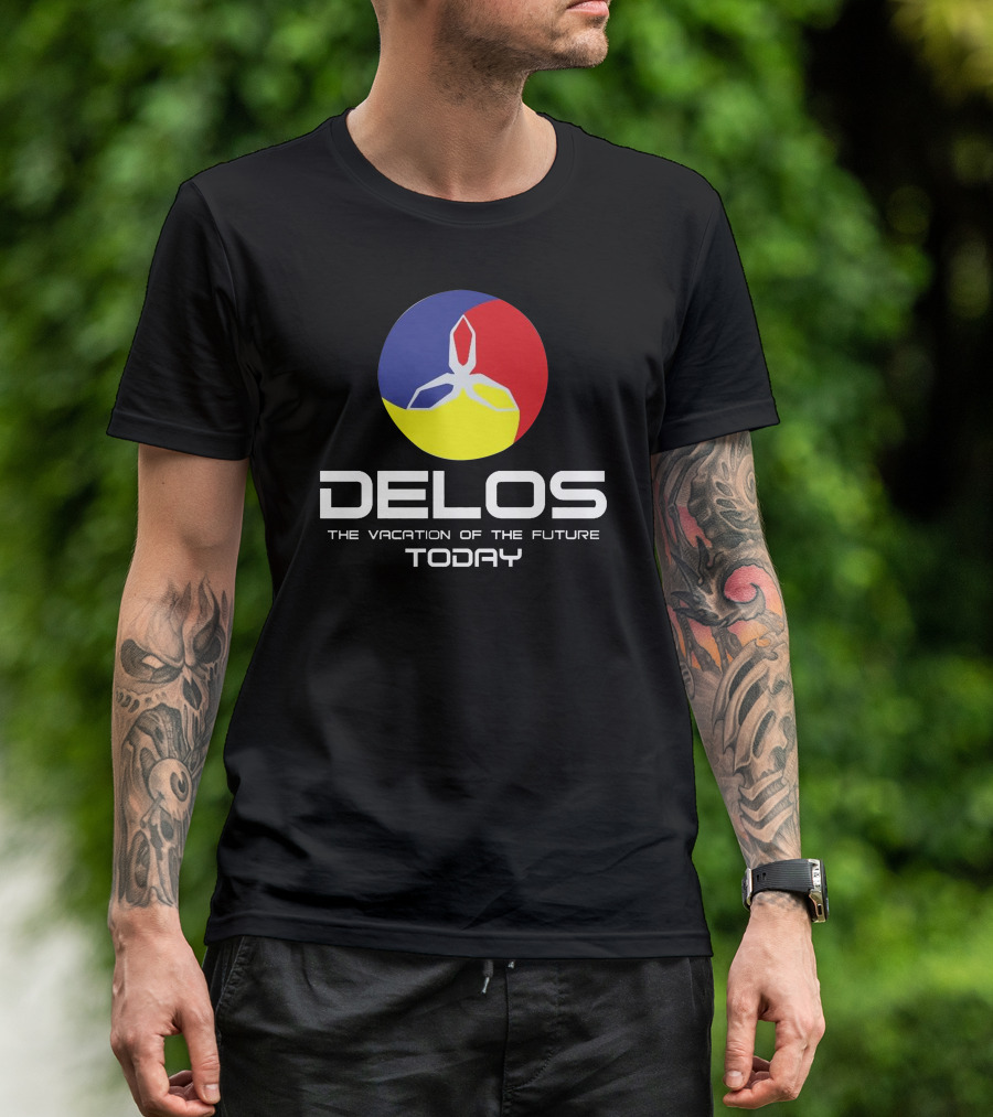 DELOS The Vacation Of The Future Today Logo Red Blue Yellow Circle T-Shirt