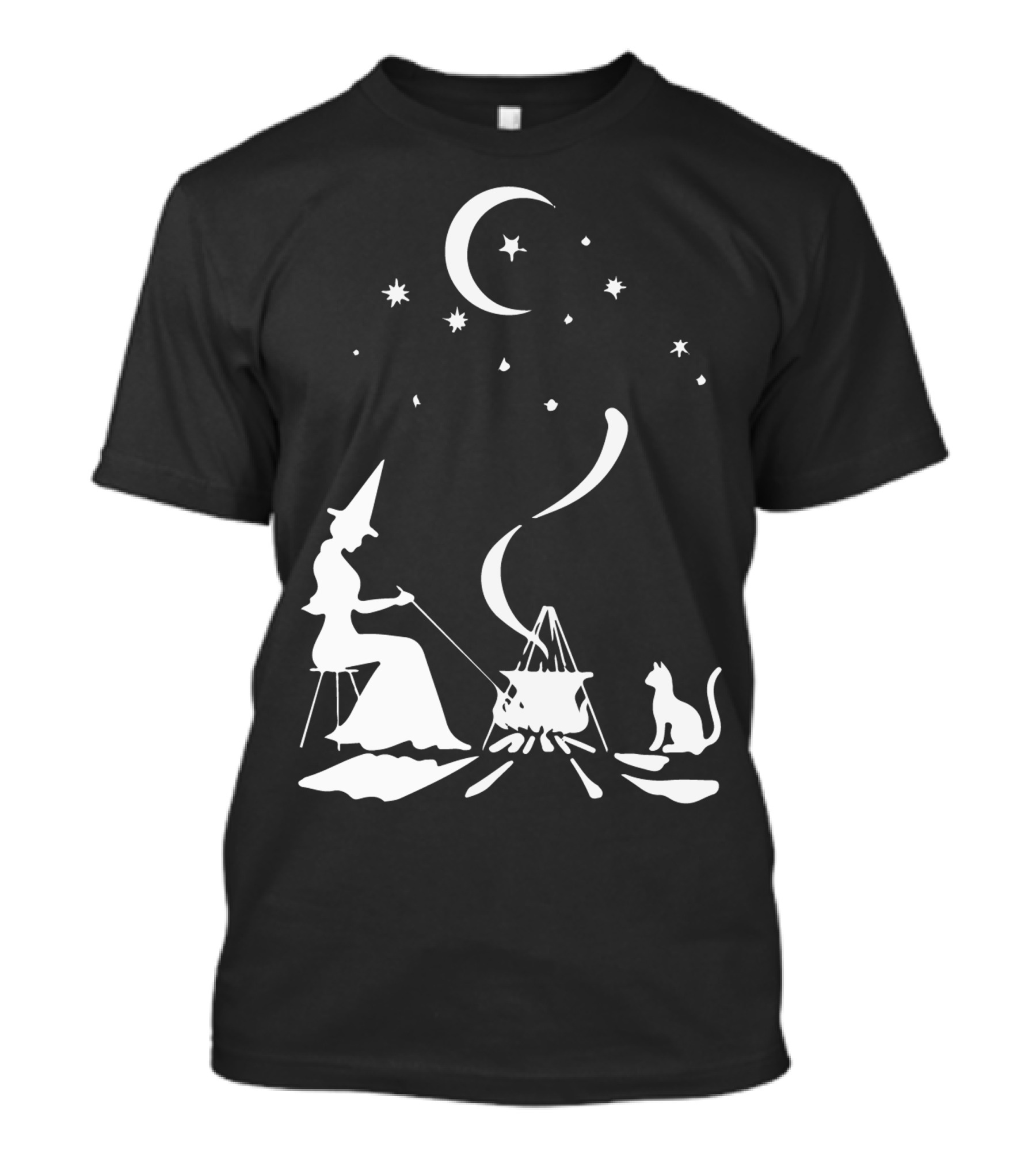 Happy Witch And Cat Under Moon Stars Camping Cooking Cauldron T-Shirt