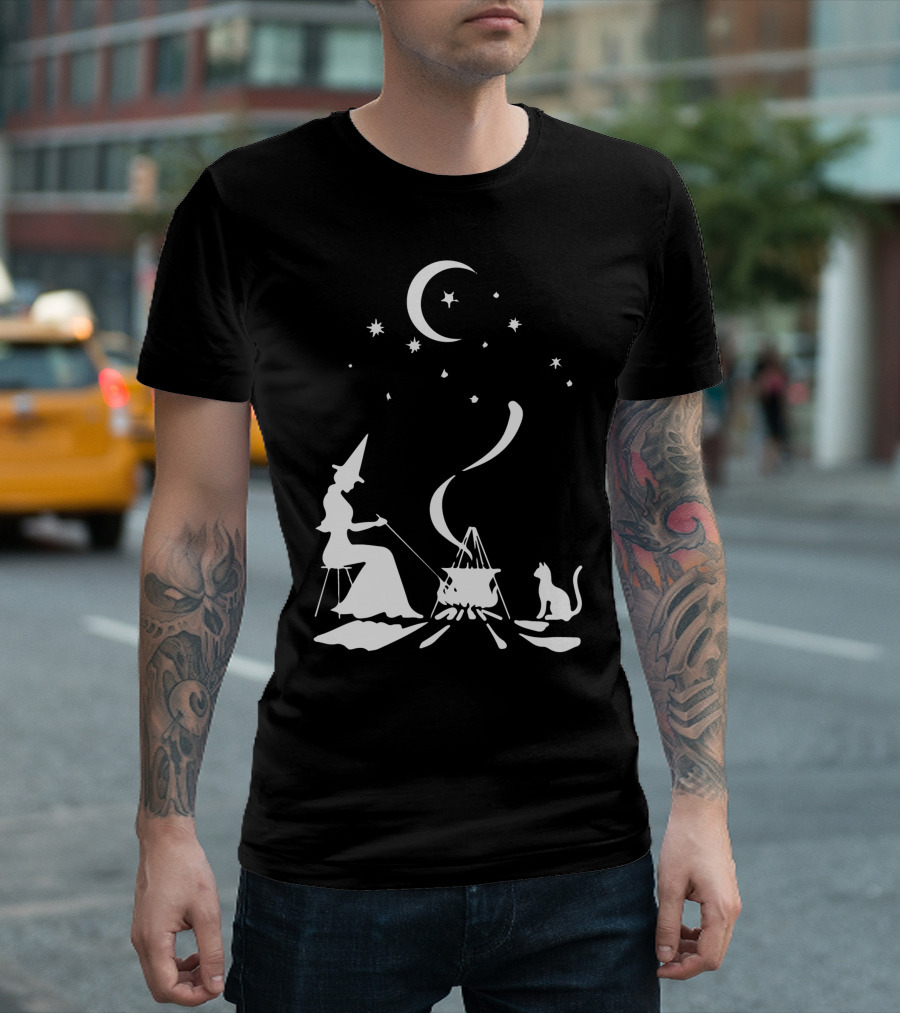 Happy Witch And Cat Under Moon Stars Camping Cooking Cauldron T-Shirt