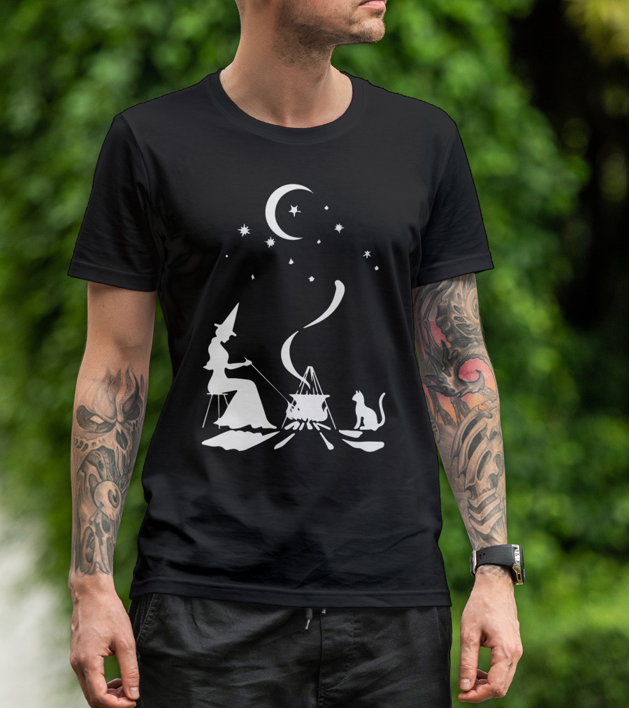 Happy Witch And Cat Under Moon Stars Camping Cooking Cauldron T-Shirt