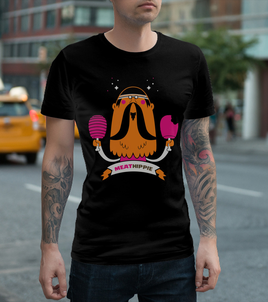MEATHIPPIE Celebration with Bearded Figure Holding Meat Popsicles T-Shirt