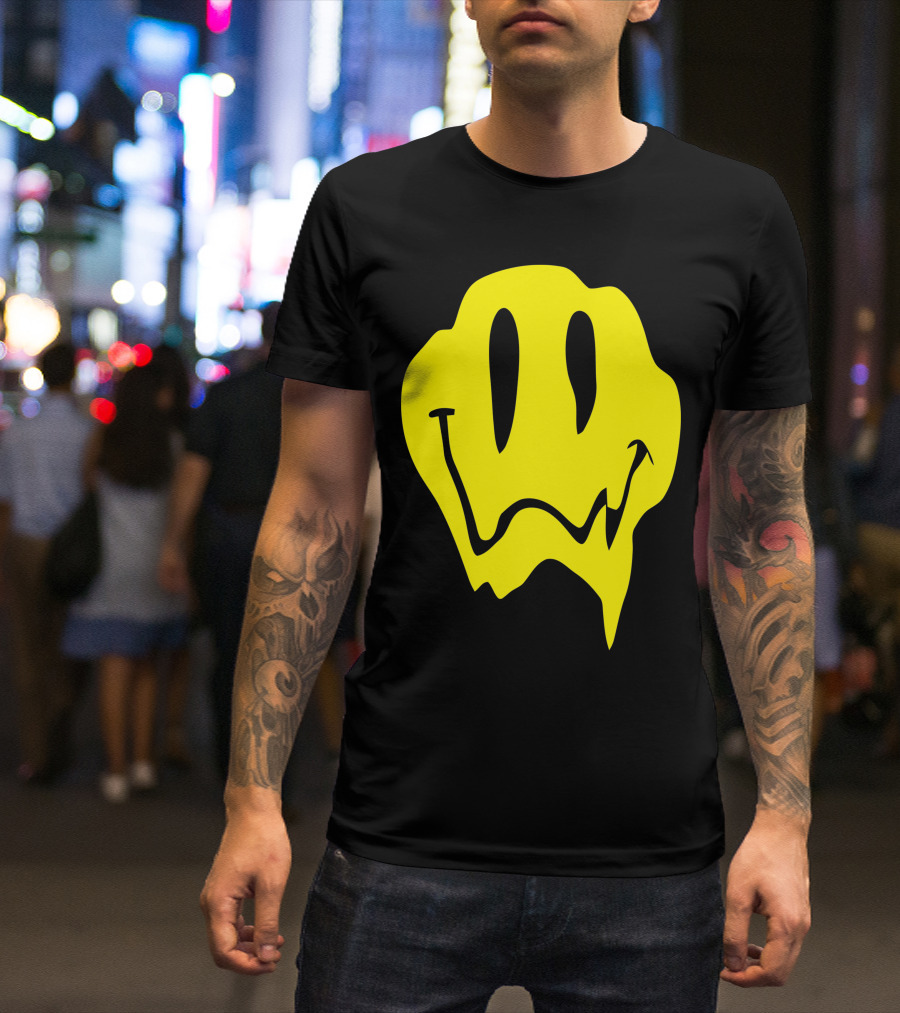 Melting Acid Smiley Face Trippy Yellow Drip T-Shirt
