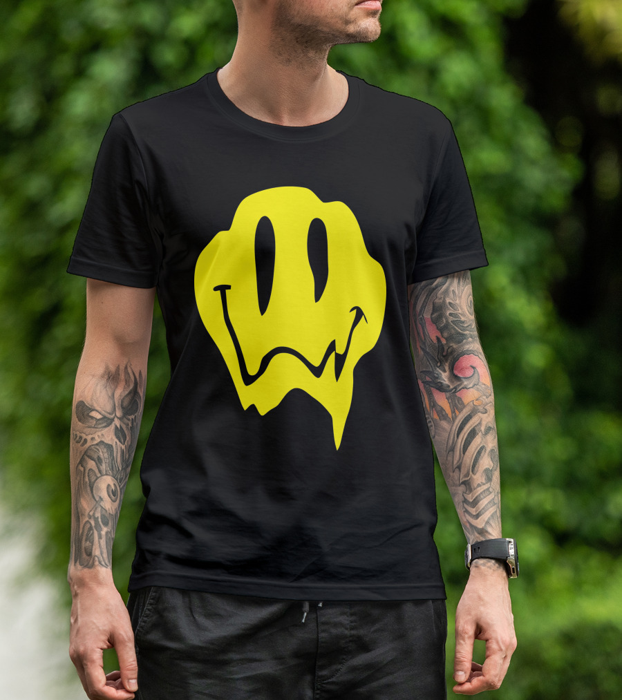 Melting Acid Smiley Face Trippy Yellow Drip T-Shirt