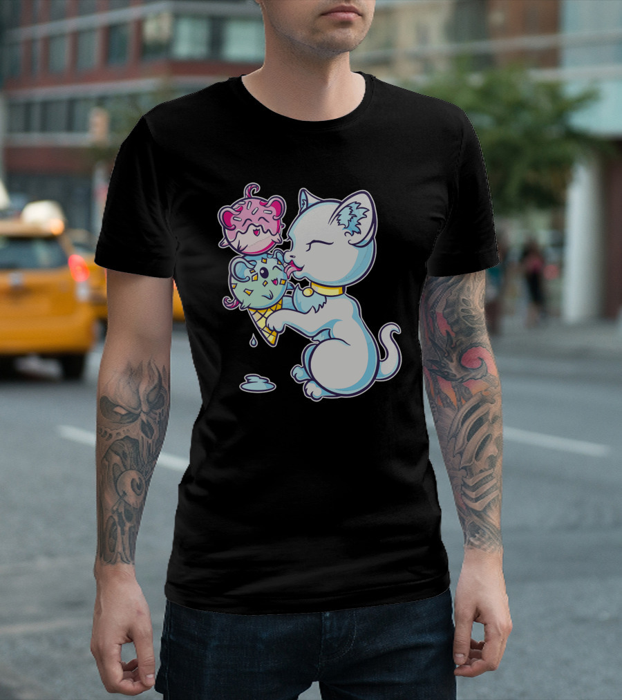 Cat Licking Mice Cream Ice Cream Cone T-Shirt