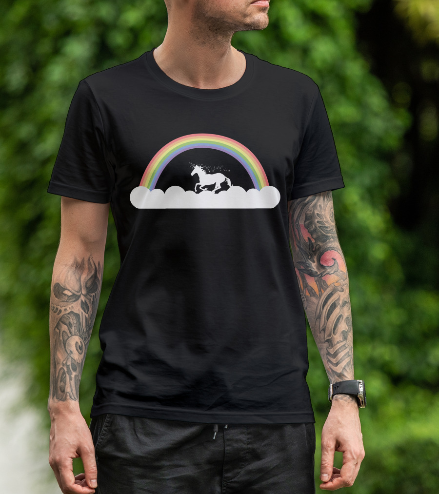 Rainbow Unicorn Prancing Under Colorful Arc In Clouds T-Shirt