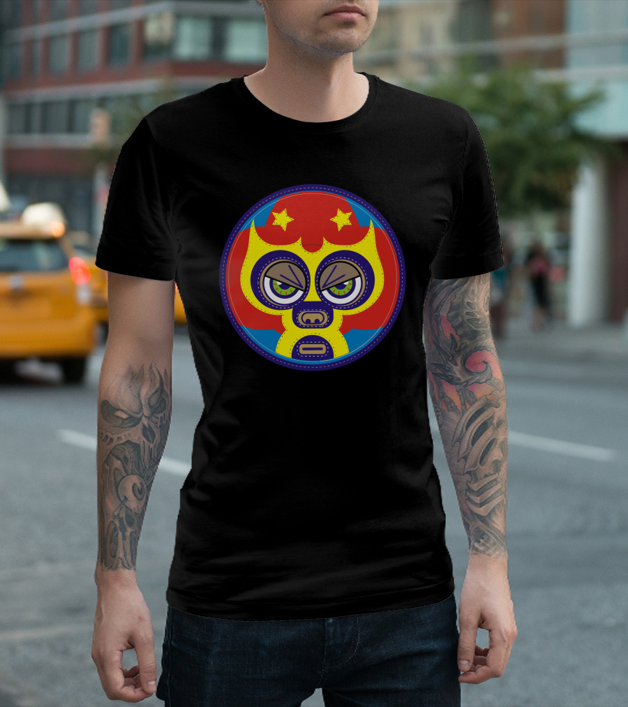 Lucha Libre Yellow Mask with Stars Retro Circle T-Shirt