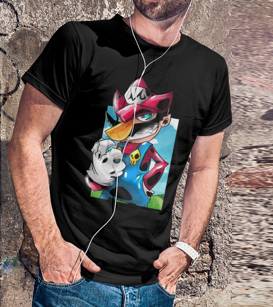Makai Mario Crossover Character With Skull Emblem And Mischievous Expression T-Shirt