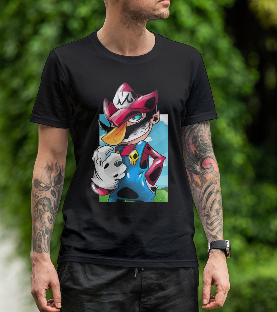 Makai Mario Crossover Character With Skull Emblem And Mischievous Expression T-Shirt