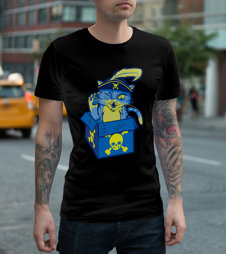 Captain Meow Pirate Cat in Skull and Crossbones Box T-Shirt