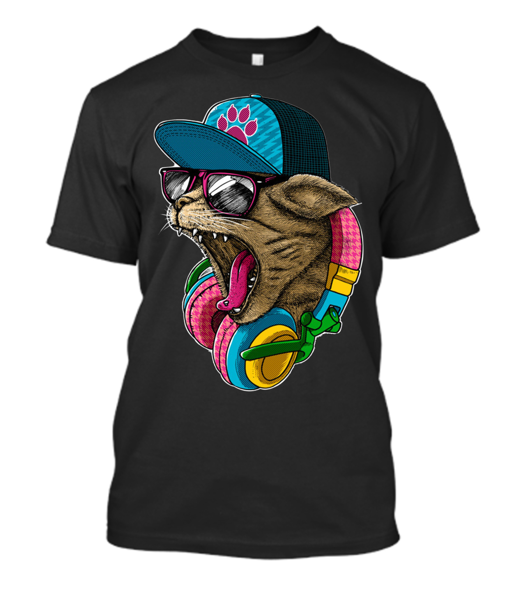 Cool And Wild Cat Headphones Shades Hat Roaring T-Shirt