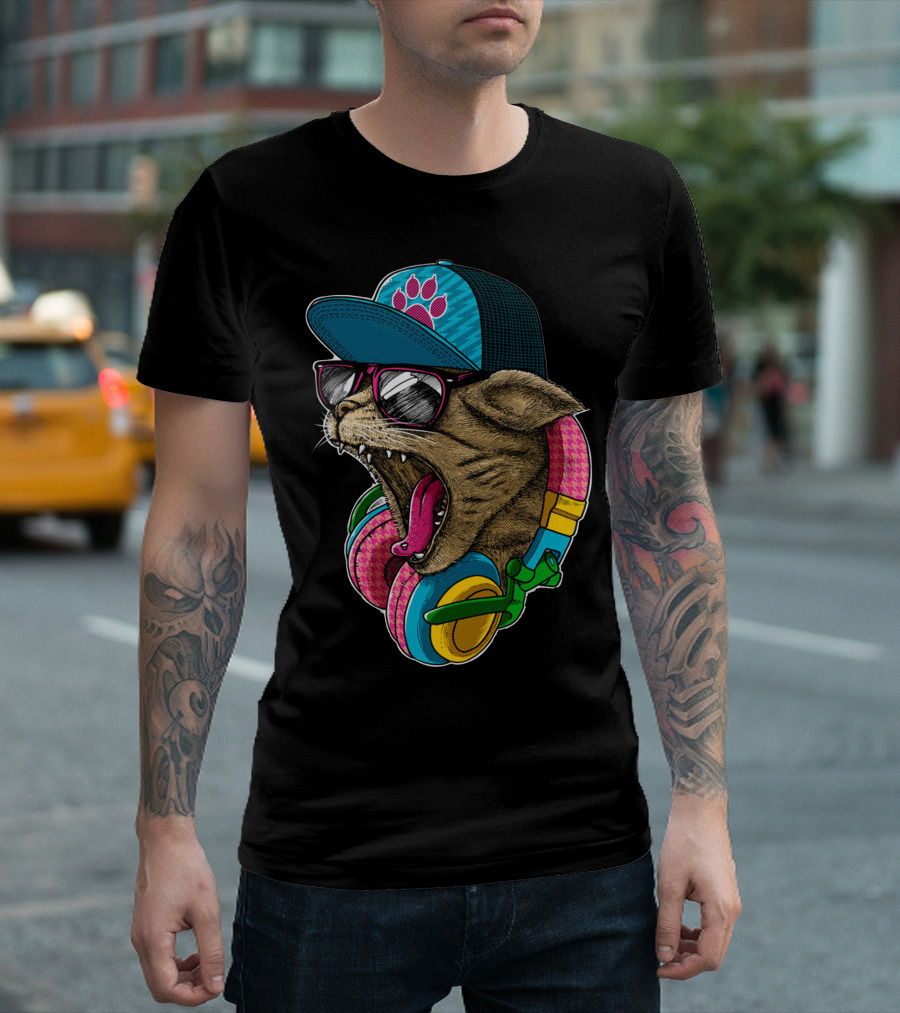 Cool And Wild Cat Headphones Shades Hat Roaring T-Shirt