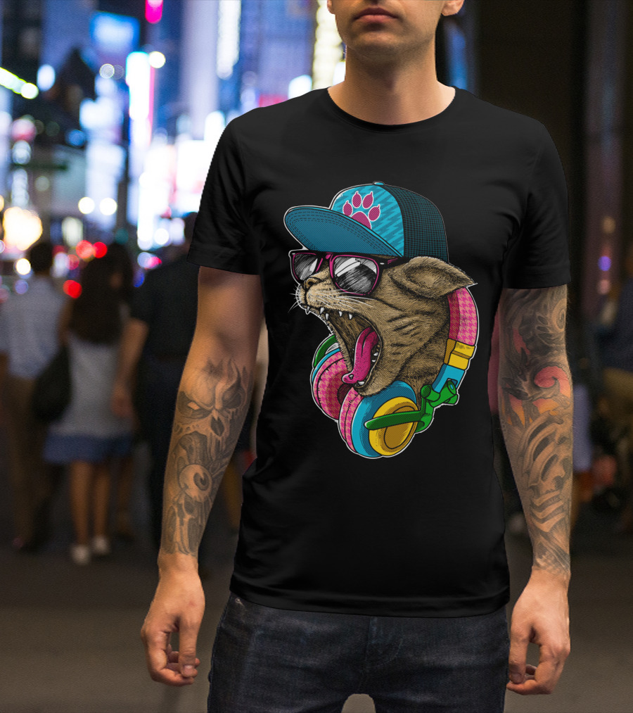 Cool And Wild Cat Headphones Shades Hat Roaring T-Shirt
