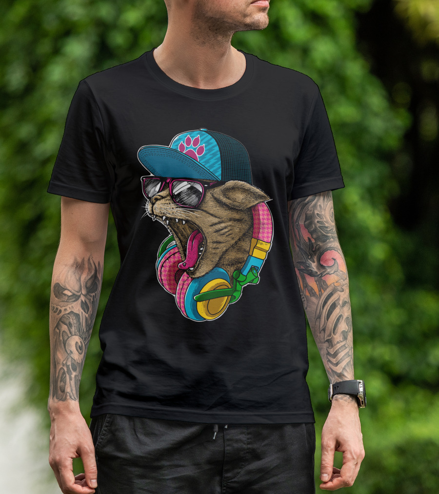 Cool And Wild Cat Headphones Shades Hat Roaring T-Shirt