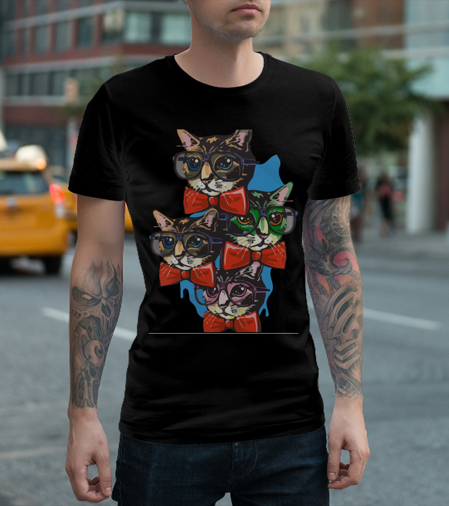 Nerd Cat Glasses and Bow Ties Quad T-Shirt