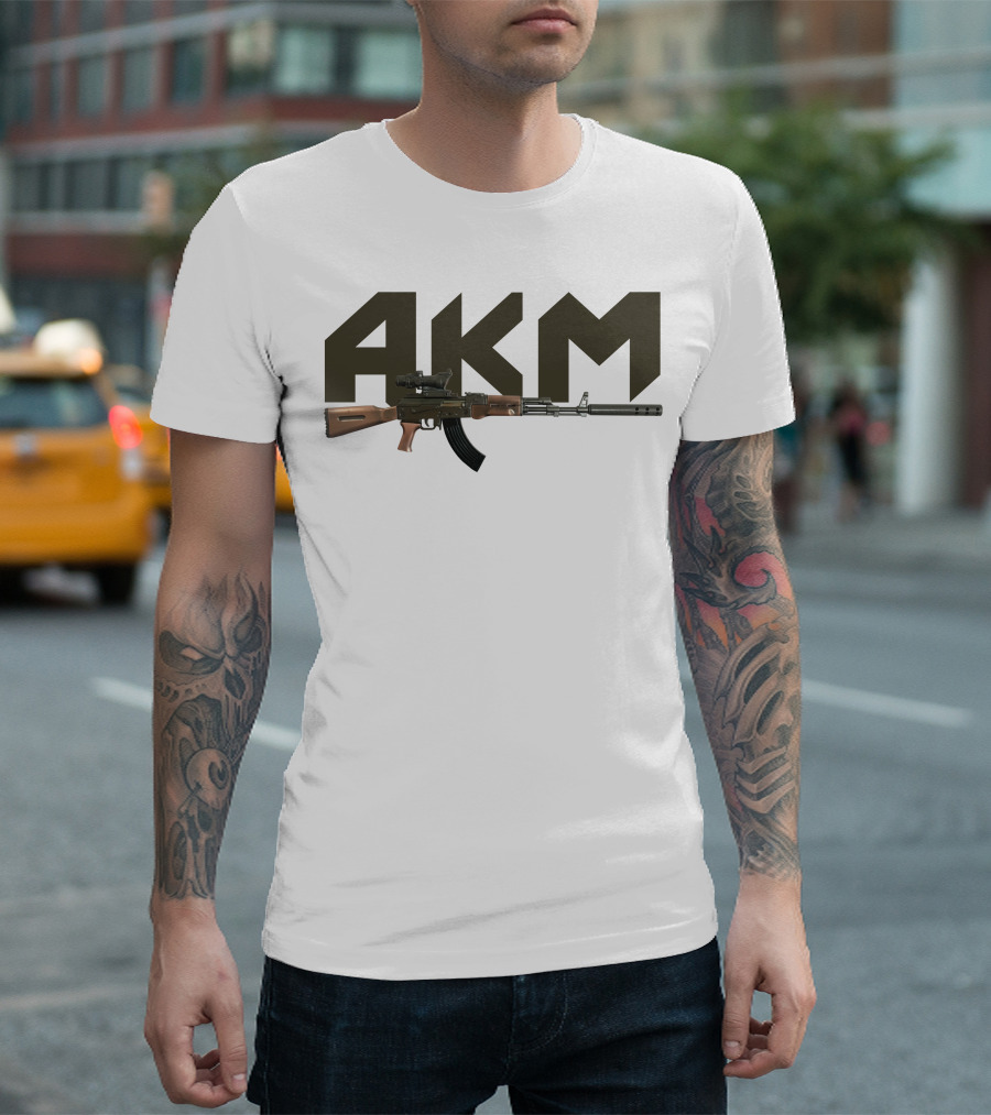 AKM Assault Rifle Large Text Behind Image T-Shirt