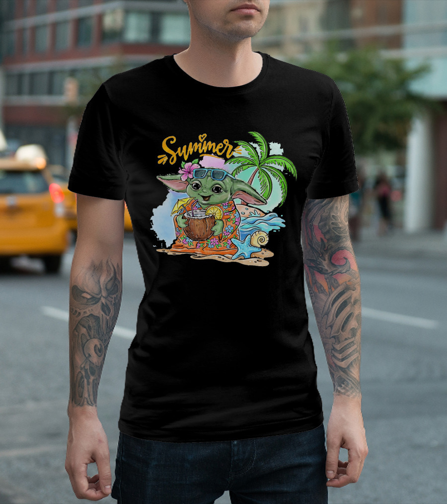 Summer Baby Yoda Beach Vibes with Palm and Coconut Drink T-Shirt