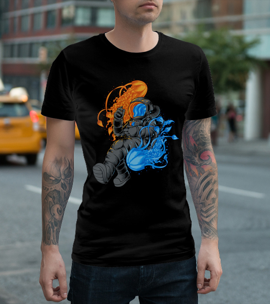 Jellyfish Astronaut Orange and Blue Cosmic Exploration T-Shirt