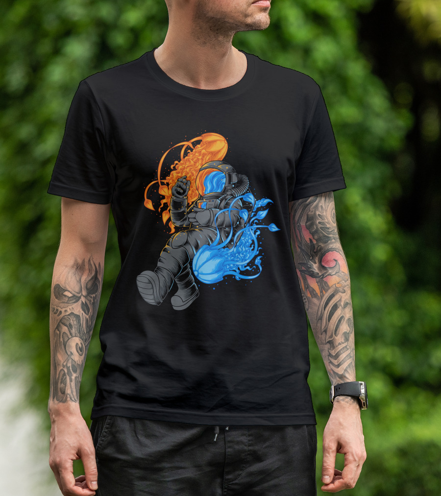 Jellyfish Astronaut Orange And Blue Cosmic Exploration T-Shirt