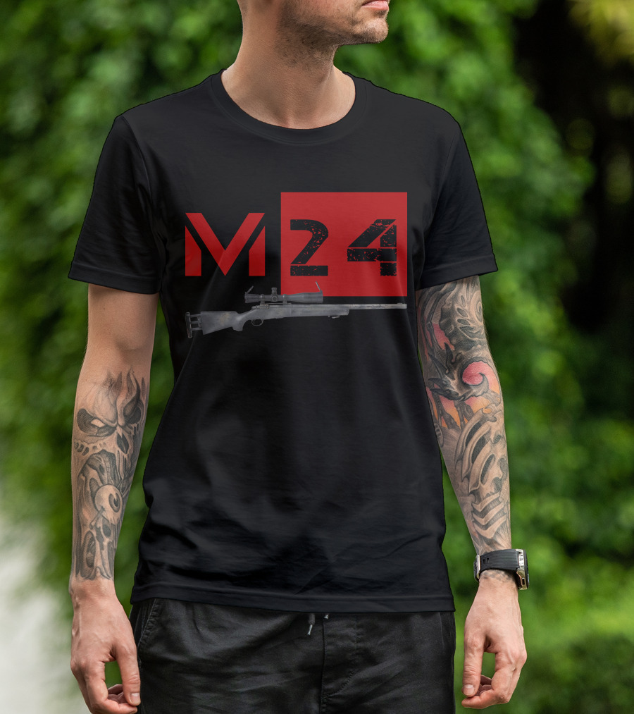 M24 Sniper Rifle Graphic With Distressed Red Text T-Shirt