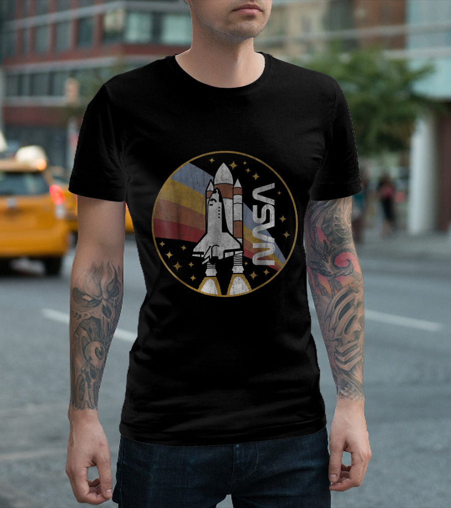 NASA Space Shuttle Launch Retro Rainbow Stars T-Shirt